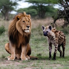 A Moment of Encounter: Lion and Hyena Captured in a Natural Savanna Setting.