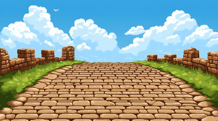 Pixel Art Path Leading Towards Blue Sky and White Clouds with Stone Wall and Green Field in Sunny Day Nature Landscape