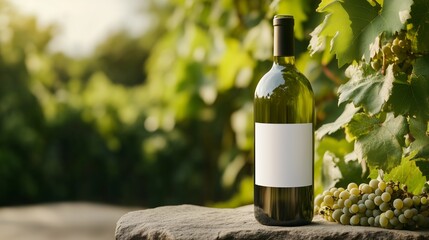 Obraz premium Bottle of white wine placed on stone near grapevines during sunset in a vineyard setting