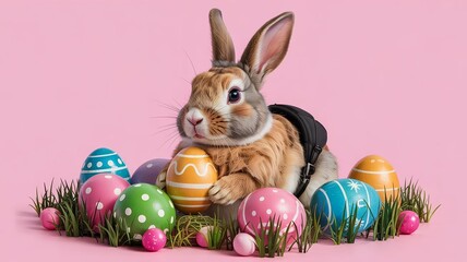 easter bunny with eggs on pink isolated background 