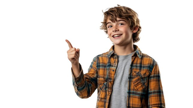 Enthusiastic young boy with tousled brown hair points up with a joyful expression, isolated on a clean white backdrop.