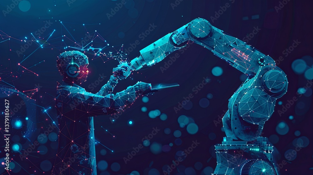 Poster engineer holding tablet and controlling robotic arm and robotic tool.