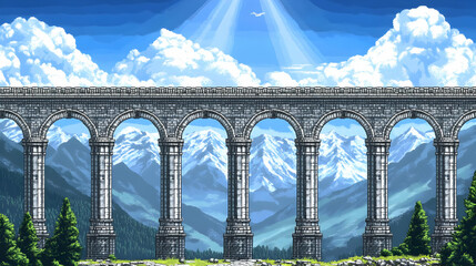 Fototapeta premium Pixel Art Stone Bridge Overlooking Mountain Range Under a Cloudy Blue Sky