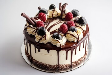 A beautifully decorated round cake featuring various delicious toppings