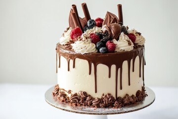 A delicious chocolate cake decorated with berries and whipped cream