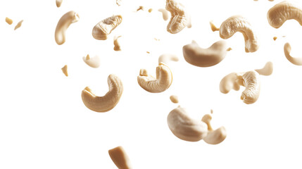 Cashew nuts falling against a transparent white background. Crunchy organic snack for healthy diets, vegetarian meals, and plant-based nutrition.