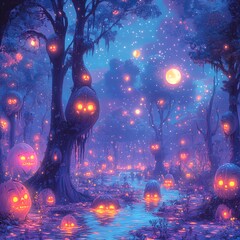 Obraz premium Mystical Halloween Forest: Illuminated pumpkins nestled within a whimsical forest scene bathed in an ethereal glow, creating a captivating ambiance with fantasy and magic.