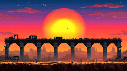 Pixel Art Sunset Landscape Featuring A Ruined Stone Bridge and Cityscape Silhouette Under A Radiant Red and Yellow Sky
