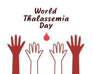 Obraz premium World Thalassemia Day: three hands showing support with blood drops.