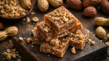 A stack of peanut confectioneries on a rustic wooden surface with whole peanuts in the background provides a delectable dessert display. Pé de moleque.