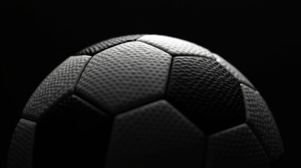 close-up of a soccer ball against a sleek black background, highlighting its classic black and white hexagonal pattern and texture