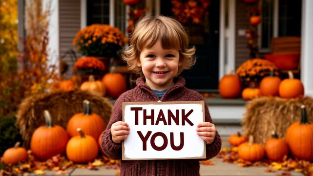 Happy child expressing gratitude with a 'Thank You' sign in autumn decor , Thanksgiving