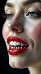 Fototapeta premium Bright smile of a woman with braces and bold red lipstick in a close-up portrait