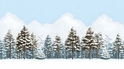 Obraz premium Pixel Art Winter Landscape with Snow Covered Trees and Distant Mountains Under a Light Blue Sky