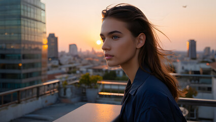 Fototapeta premium A young woman admiring the sunset from a city rooftop, thoughtful and serene.