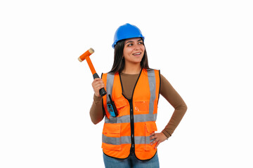 Confident Latin construction worker woman holding hammer and looking away