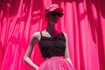 Fototapeta premium Summer fashion mannequin in a vibrant pink room showcasing stylish decor and high contrast lighting