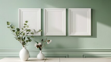 Three classic white picture frames arranged in a symmetrical triangle on a soft sage green wall 