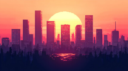 Fototapeta premium Pixelated Cityscape Silhouette with Orange Sunset Reflecting on Water Under Purple Sky in a Beautiful Evening
