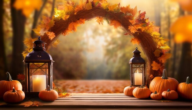 pumpkins and leaves archway with lantern fall background for photography backdrop