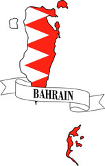 The map of Bahrain overlaid with the Bahraini flag and its name written on a ribbon