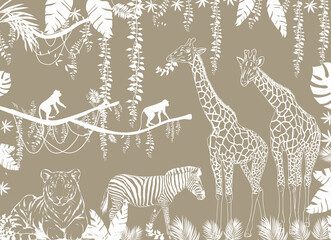 Jungle Wildlife Silhouette Pattern with Giraffes, Monkeys, Zebra and Tiger – Safari Wall Art © csinie1