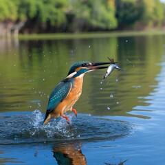 Swift Capture: Kingfisher Leaps from Water with Prey in Beak.