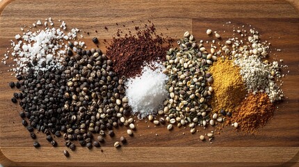 Best Steak Seasoning Ingredients: Overhead Rustic Wooden Board with Artisanal Whole and Ground Spices Revealed