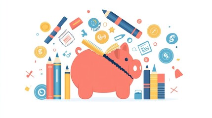 Piggy bank with school supplies, saving for education, flat design