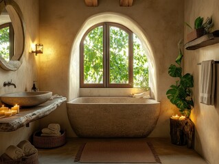 A bathroom with a large bathtub and a mirror. The bathtub is made of stone and has a wooden log as a footstool. There are candles on the counter and a potted plant on the floor