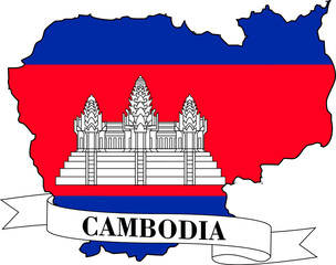 The map of Cambodia overlaid with the Cambodian flag and with its name written on a ribbon