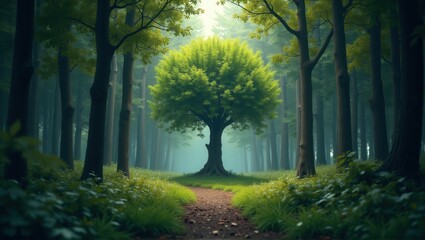 Fototapeta premium A peaceful forest path leading to a vibrant, solitary tree surrounded by mist, creating a serene and mystical atmosphere. The surrounding trees are tall and lush. Generative, AI,