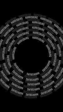 Vertical video displaying the word "HARRISBURG" in ten concentric circles, alternating between filled and outlined text, centered with an empty middle.