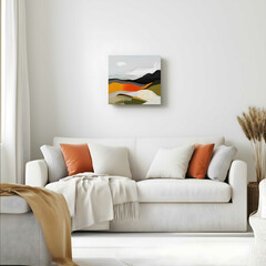 realistic photograph taken by a professional photographer of a contemporary bright home den seating area with minimal decor and a neutral color scheme Main at