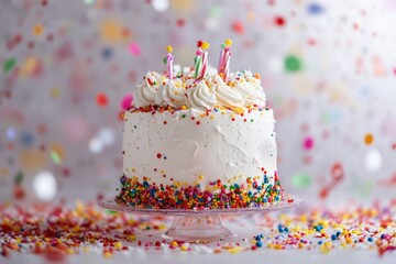 A festive cake with candles and colorful sprinkles presents joy