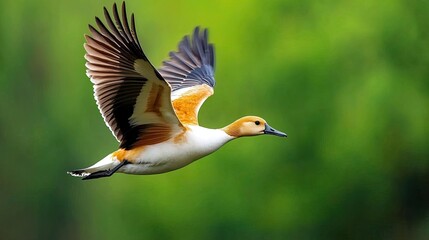 Obraz premium Elegant duck in flight over green wetlands wildlife photography natural habitat birdwatching perspective