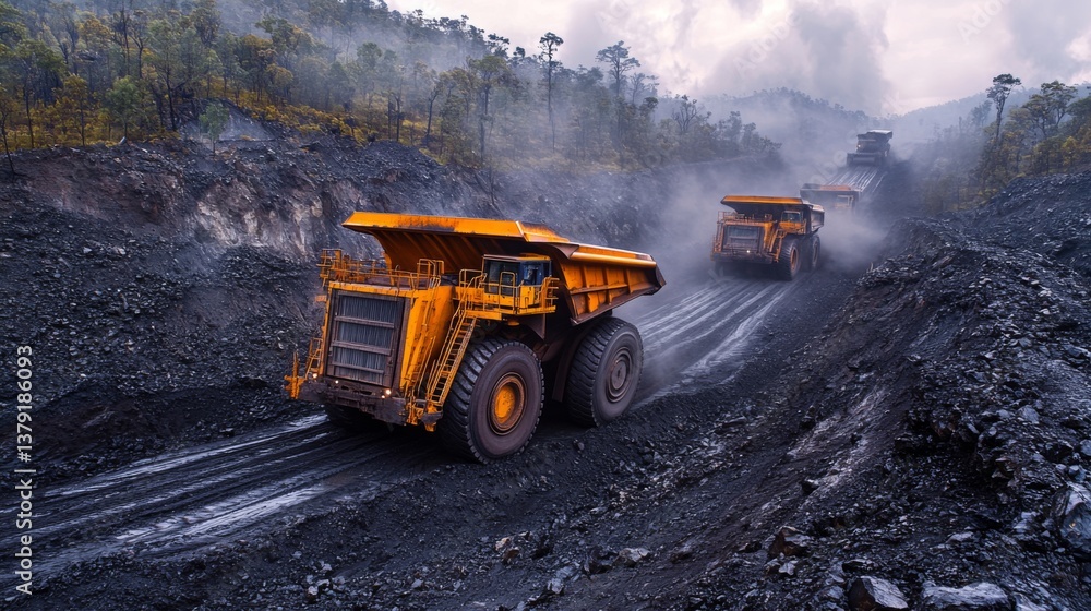 Poster two large mining trucks navigate a dusty path in an open pit coal mine while extracting valuable res