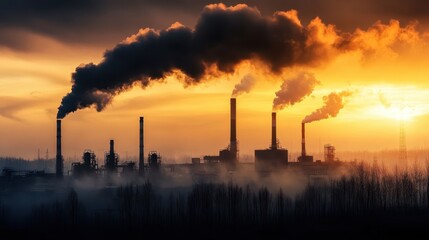 Factory pollution hazard carbon concept. A silhouette of industrial smokestacks belching smoke against a dramatic sunset, highlighting environmental pollution and industrial activity.