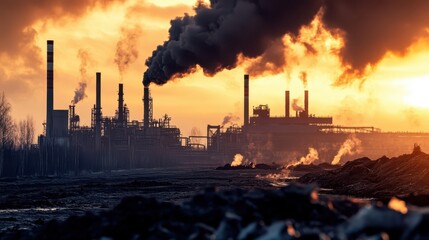 Factory pollution hazard carbon concept. An industrial scene at sunset, featuring smokestacks emitting dark smoke against a dramatic sky, highlighting environmental concerns.