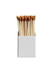 A white matchbox with brown matches on the top isolated on a white background top view flat lay photography high resolution