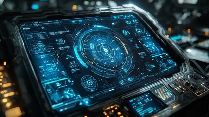 Futuristic Control Panel Interface Blue Digital Display