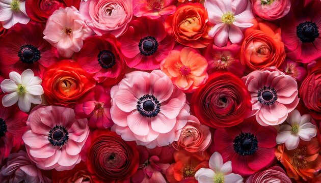 red and pink floral background with anemone and germini flowers