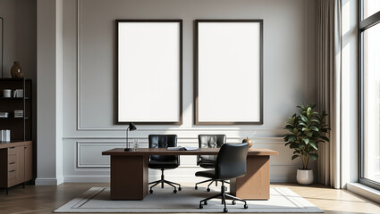 a modern office with two blank posters