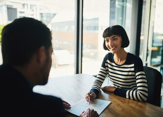 Business people, meeting and documents signature for legal contract, agreement and office...