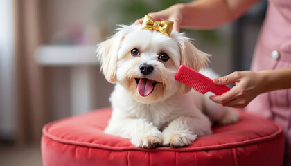A cute Maltese Bolognese dog is brushed at a dog beauty salon. Pet care and grooming