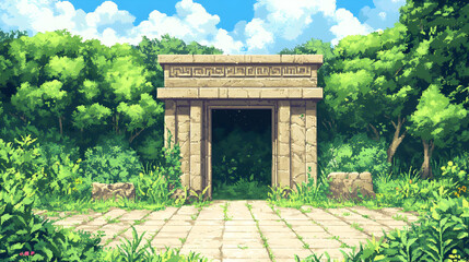 Obraz premium Stone Ruins Entrance among Green Forest Pixel Art Style with Blue Sky in the Background Sunny Day