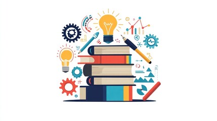 Stacked books, ideas, and innovation graphic design