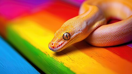 Fototapeta premium Colorful rainbow python snake on vibrant wooden surface nature photography close-up artistic environment