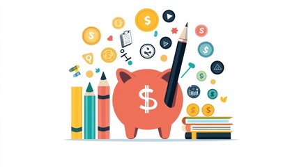 Fototapeta premium Piggy Bank Filled With School Supplies, Saving Money, Business Illustration