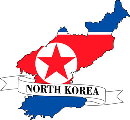 The map of North Korea overlaid with the North Korean flag and its name written on a ribbon